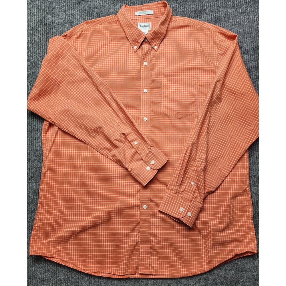 LL Bean Mens XL Orange White Plaid Wrinkle Free Traditional Fit Button Down Top